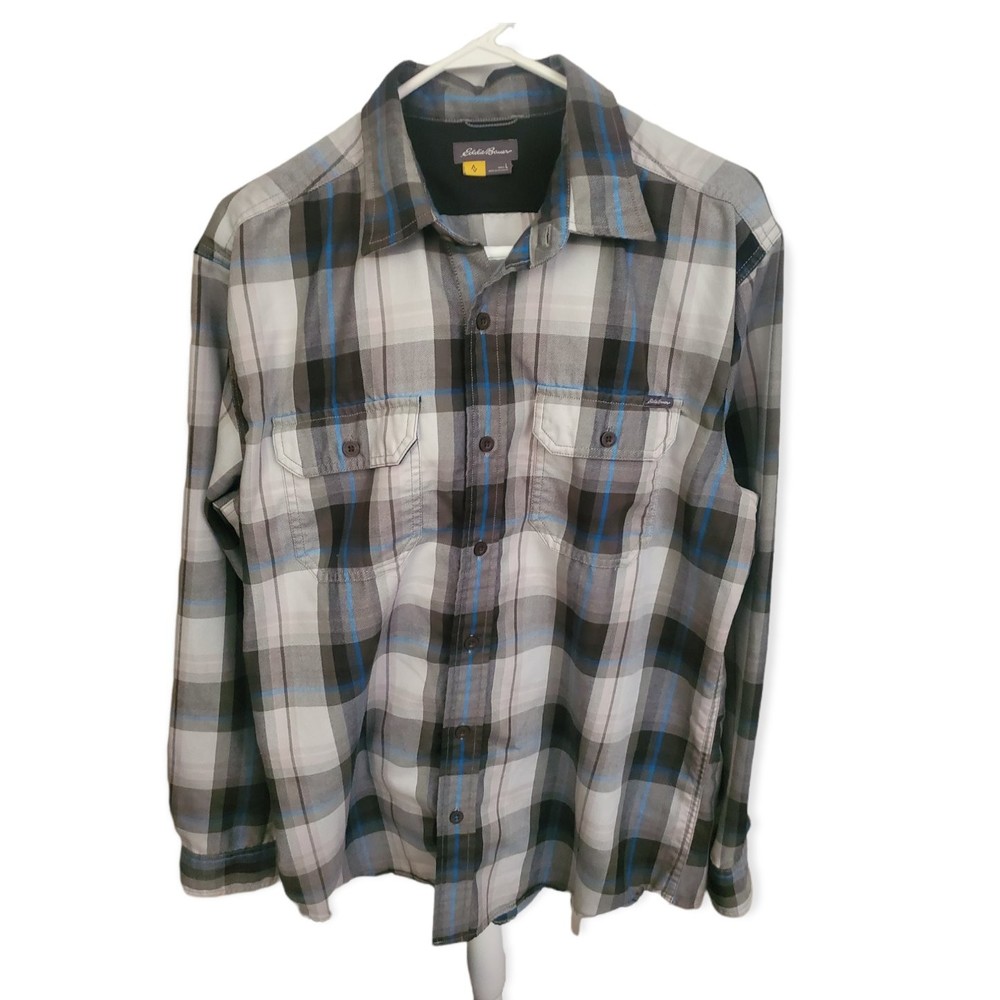 Eddie Bauer Flannel Shirt Long Sleeve Gray White Blue Plaid Mens Size Large